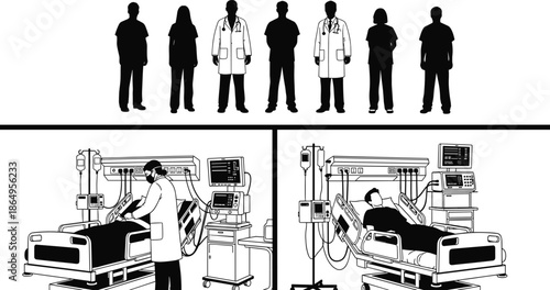 Medical staff silhouettes and intensive care unit scenes illustrating hospital doctors nurses patients treatment equipment modern healthcare illustration concept vector