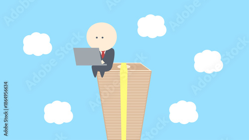ビジネスイメージイラスト_札束タワーの上で働くビジネスマン