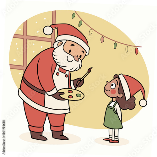 Santa Claus teaching a little girl to paint painting