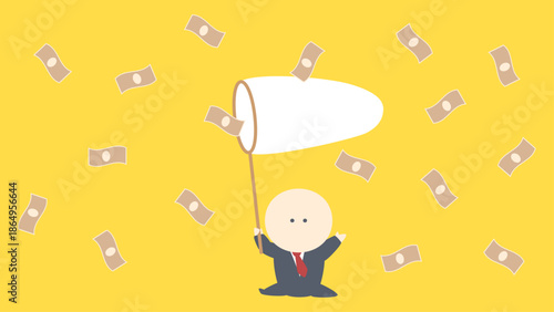 ビジネスイメージイラスト_アミでお札を収穫するビジネスマン