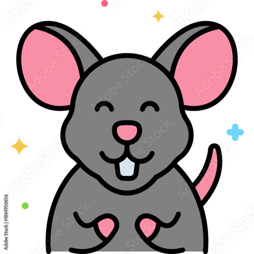 Adorable grey cartoon mouse with big pink ears, tiny paws and toothy smile, cute kawaii rodent illustration on white background with colorful sparkles, playful little critter character for kids

