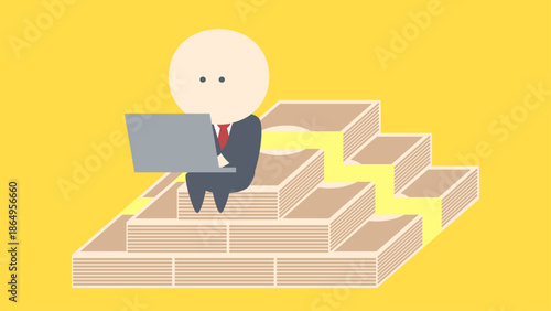 ビジネスイメージイラスト_札束の山に腰かけて仕事する成功ビジネスマン