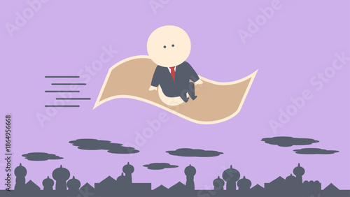 ビジネスイメージイラスト_札束絨毯で中東の街を飛翔する成功ビジネスマン