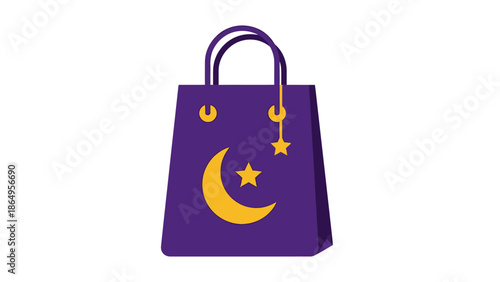 Purple tote bag with yellow crescent moon and star design on a white background, flat graphic illustration.