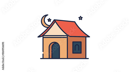 Simple illustration of a house with a red roof, crescent moon, and stars on a white background, in a flat graphic style.