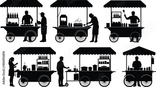 Street food cart silhouettes collection showing vendors cooking grilling and serving snacks and drinks in urban market scenes black vector illustration