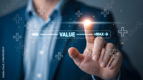 Business professional setting maximum value on digital interface slider | Strategic optimization concept for increased growth | Maximizing business performance and positive outcomes 
