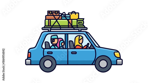 A blue car with two passengers and a roof rack full of luggage on a white background with a colorful and vibrant mood.