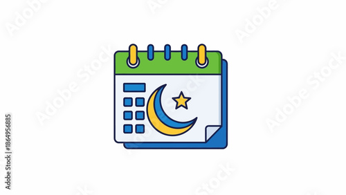 Illustration of a calendar icon with a crescent moon and star on a white background with green and blue accents.