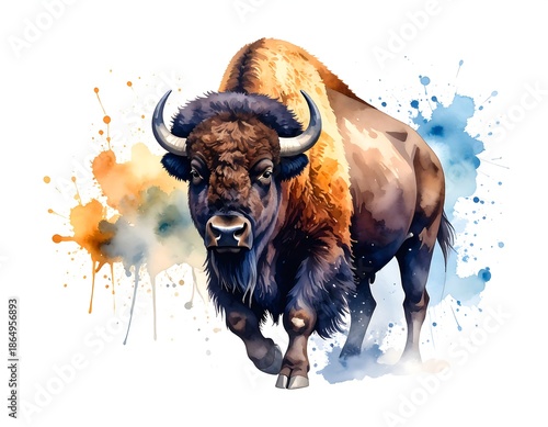 A majestic bison charges forward, set against watercolor paint splashes