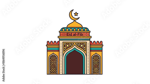 Colorful illustration of a mosque entrance with a crescent moon on top, featuring intricate patterns and arches against a white background.