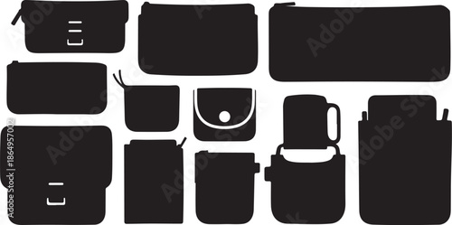 Collection of various black bag silhouettes on white background