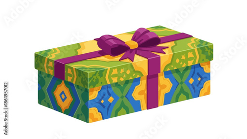 A colorful gift box wrapped in vibrant African-inspired patterned paper and tied with a purple ribbon on a plain white background.