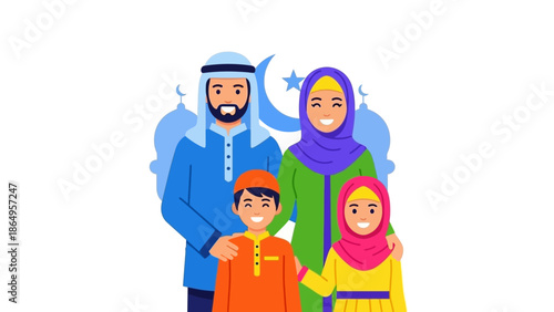 Illustration of a Muslim family with a man, woman, boy, and girl wearing traditional clothing standing together on a white background with a colorful and festive atmosphere.