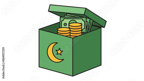 Illustration of an open green box with a crescent moon and star symbol containing money bills and coins on a white background.