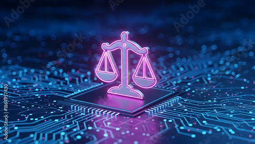 Digital justice scales glowing on futuristic circuit board | Cybersecurity law and technology regulation concept illustration | AI ethics and governance symbol on microchip processor 