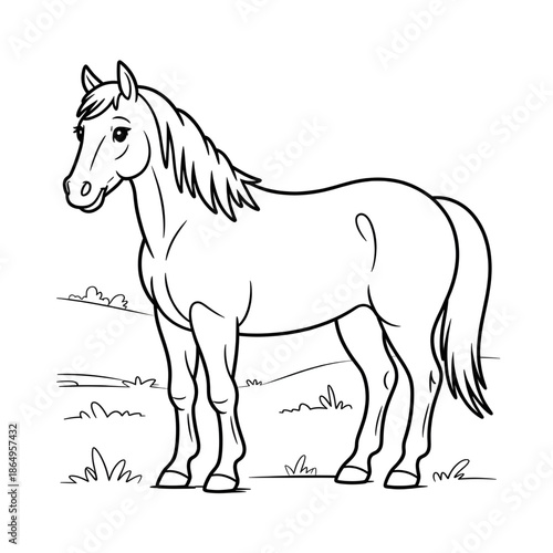Horse Line Drawing Coloring Page – Black and White Farm Illustration
