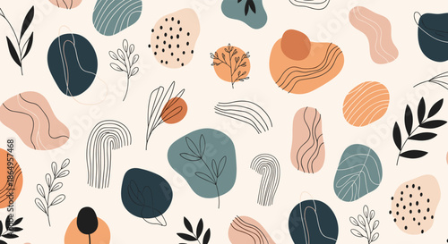 Modern abstract seamless pattern featuring hand-drawn organic shapes, botanical elements, and doodle textures in a chic earthy palette.