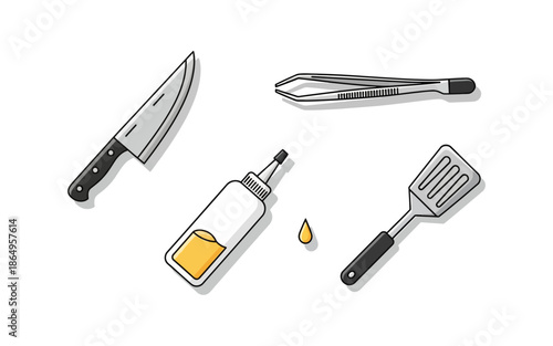 Kitchen Cooking Tools Vector Illustration Set, Chef Knife, Kitchen Tweezers, Sauce Oil Squeeze Bottle, and Spatula in Flat Outline Style
