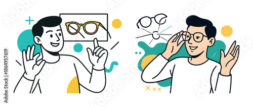 Young caucasian male illustrating glasses choice and wearing styles