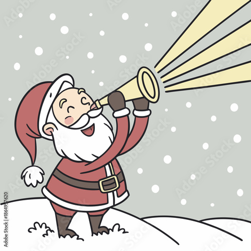 Santa Claus blowing horn in snowy landscape cartoon