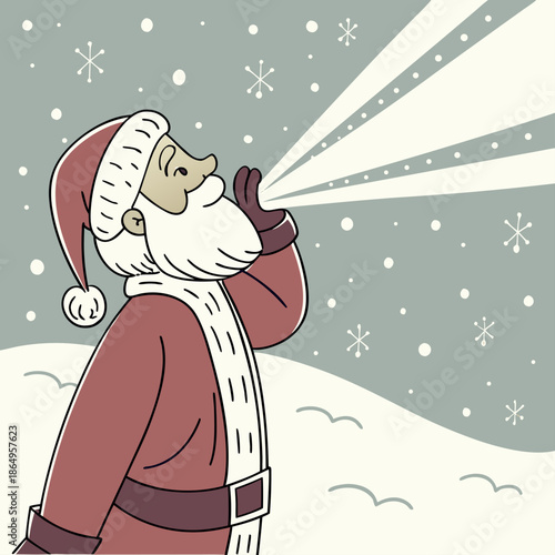 Santa Claus blowing whistle in snowy landscape cartoon