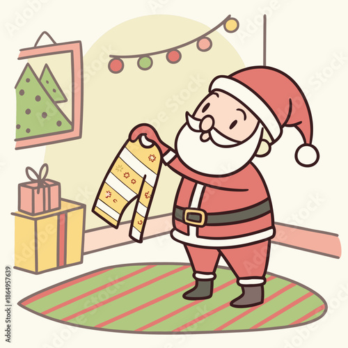 Santa Claus holding Christmas stocking in living room