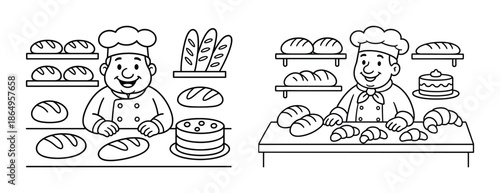 Illustrated chefs with bread and pastries in bakery setting