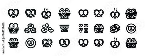 Assorted pretzel icons collection in black and white