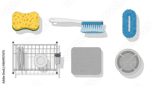 Kitchen Cleaning Tools and Dishwashing Equipment Icon Set Collection