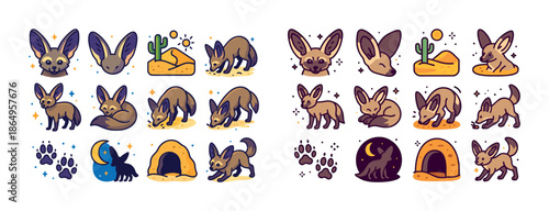 Cartoon fennec fox collection: cute desert and night scenes with playful activities