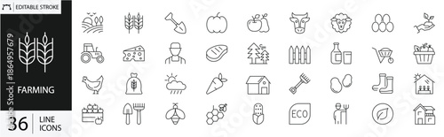 Farming set of 36 Icons Vector, Agriculture and Crop Cultivation, Farm Field and Rural Farming Symbol