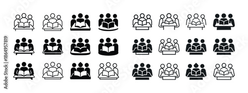 Diverse icon set of group reading activities