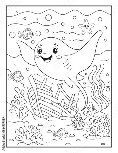 Happy stingray swimming underwater coloring page for kids and adults. Fun Sea Life Coloring Book Page for children.
