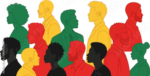 Crowd of diverse people profiles in solid red yellow green and black colors for black history month background celebrating multiracial community and collective social activism art