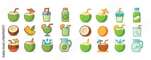 Colorful coconut and juice icons collection with tropical fruits and refreshing drinks