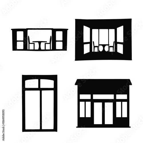 Architectural window and facade silhouettes featuring interior views and classic designs