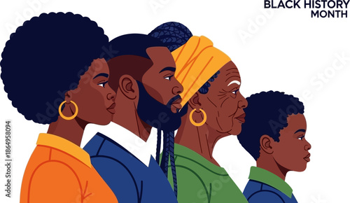 Black history month concept vector art showing five african american individuals, from child to elder, in side profile against a transparent background