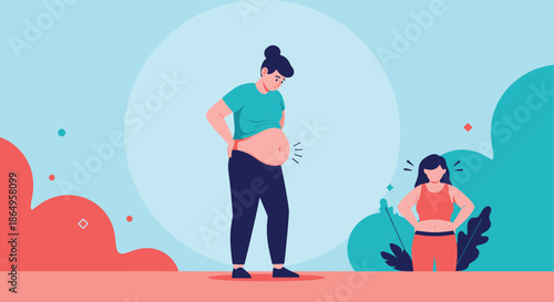 Conceptual illustration about body image and weight concerns, showing a sad woman comparing herself to an idealized slim figure.