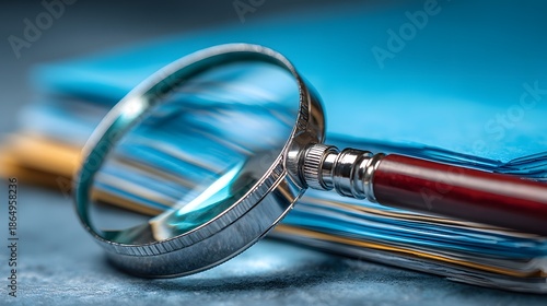 Magnifying glass rests on a stack of documents and folders against a blue background symbolizing business investigation and analysis.