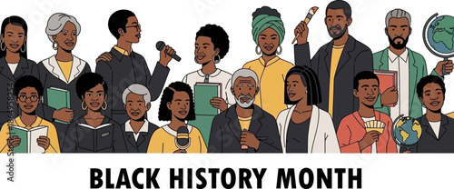 black history month group of accomplished african american individuals including leaders educators and artists holding books and globes