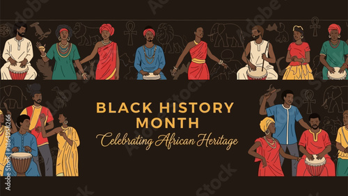 black history month celebrating african heritage with people in traditional attire playing drums and elephants in background