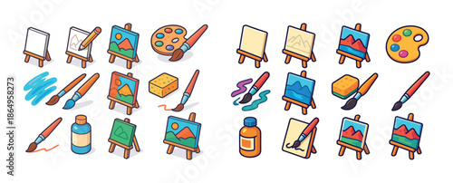 Colorful painting tools and art supplies illustration with easels and brushes