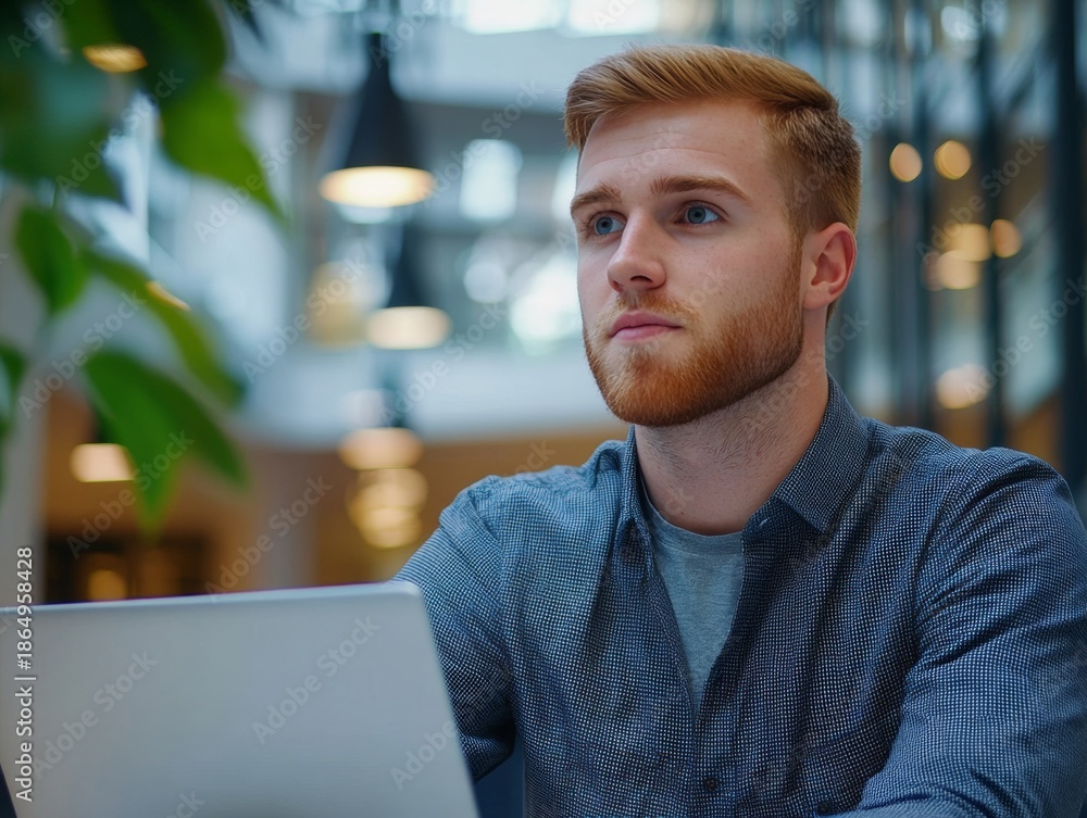 Naklejka premium Businessman using laptop at workstation