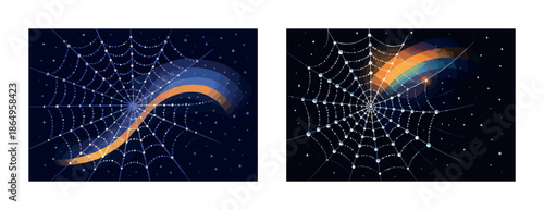 Vibrant comet trails across starry spider webs in night sky