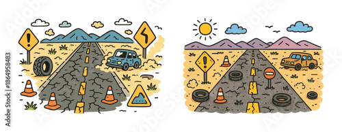 Cartoon road challenges: obstacles, tires, and winding path in desert landscape