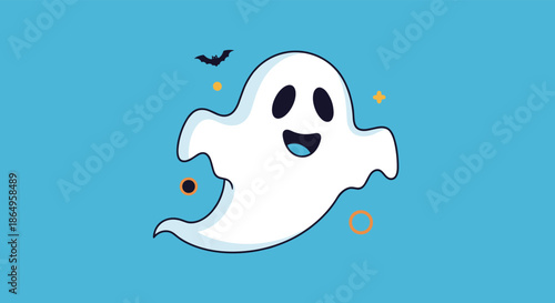 Cheerful and friendly cartoon ghost character floating happily on a bright blue background, perfect for fun Halloween celebrations.