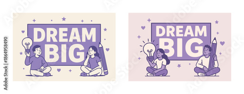 Dream big motivational young adults with lightbulb and pencil