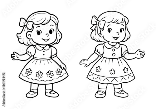 Cute cartoon caucasian girl coloring page with dress and bow for kids