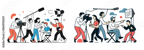 Diverse film crew collaborating on set with equipment and direction